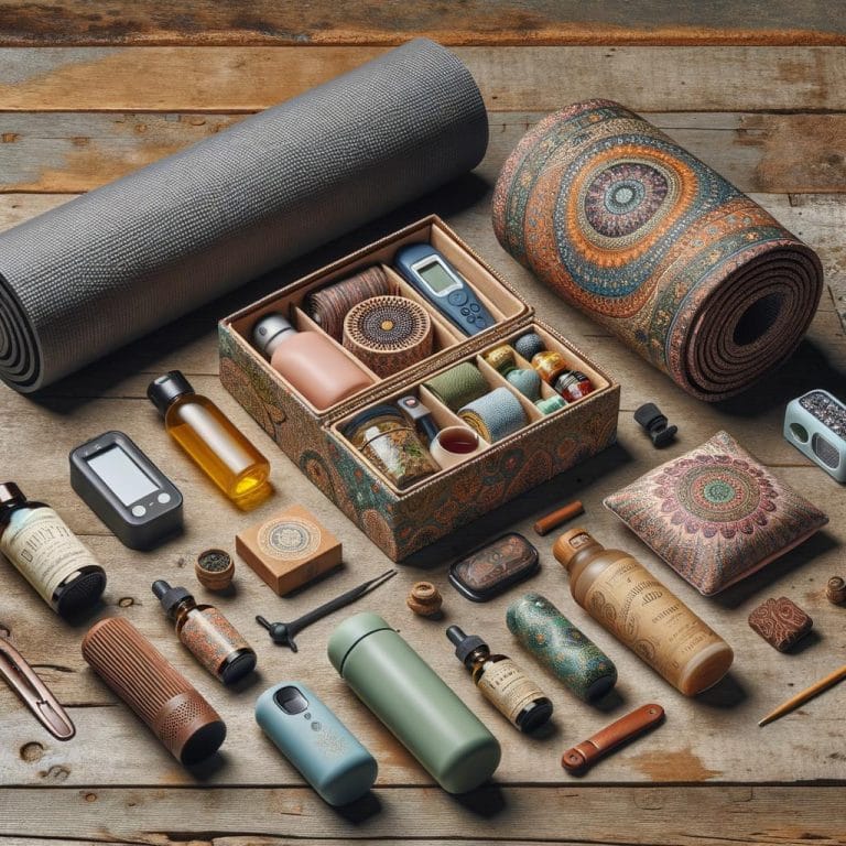 Essential wellness travel accessories to enhance your journey, including sleep masks and travel yoga mats